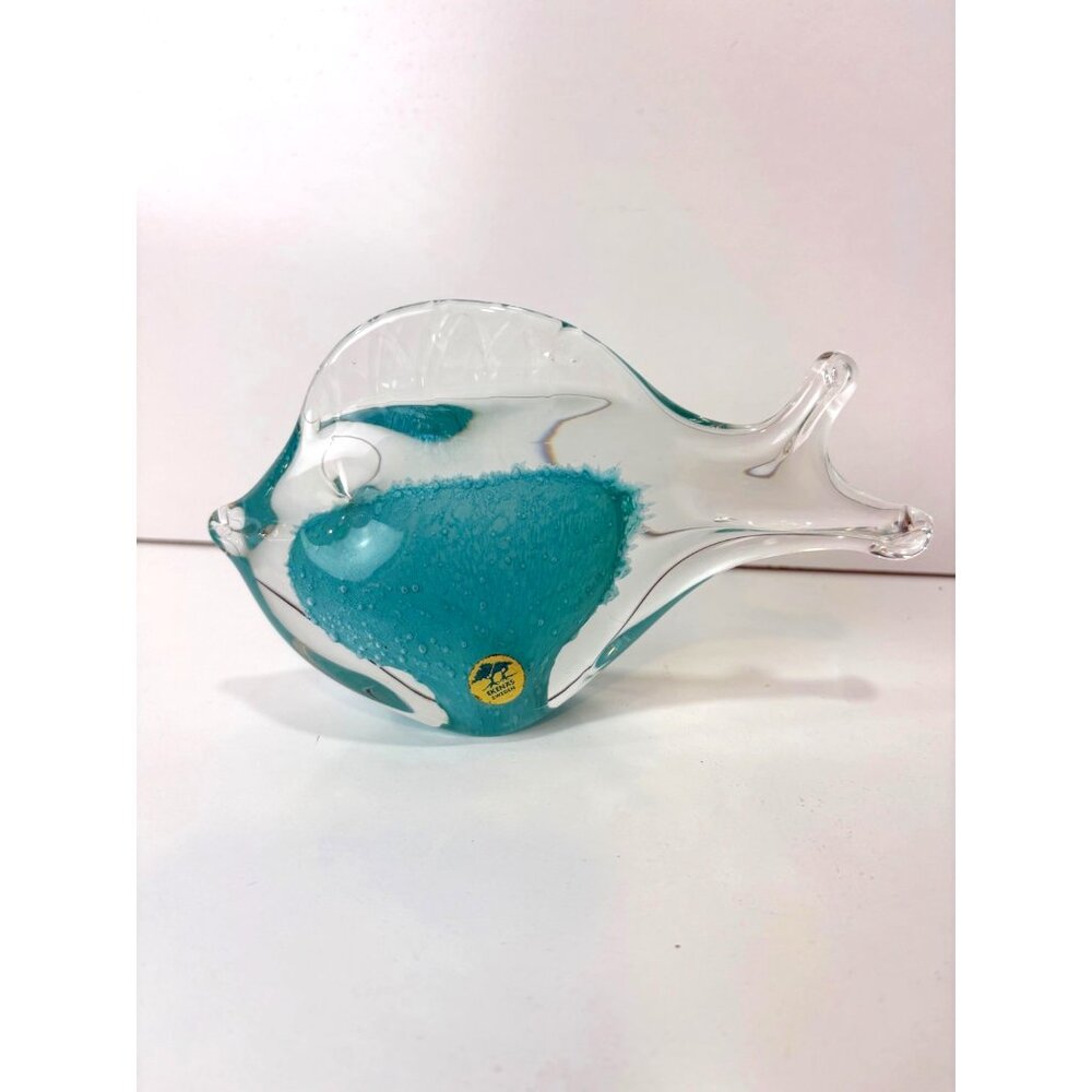 Ekenas Sweden Glass Fish Figurine Clear Teal Blue Art Glass‎ 7” Scandinavian